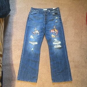 KanCan Blue Distressed Wide Leg Jeans with Western Embroidery